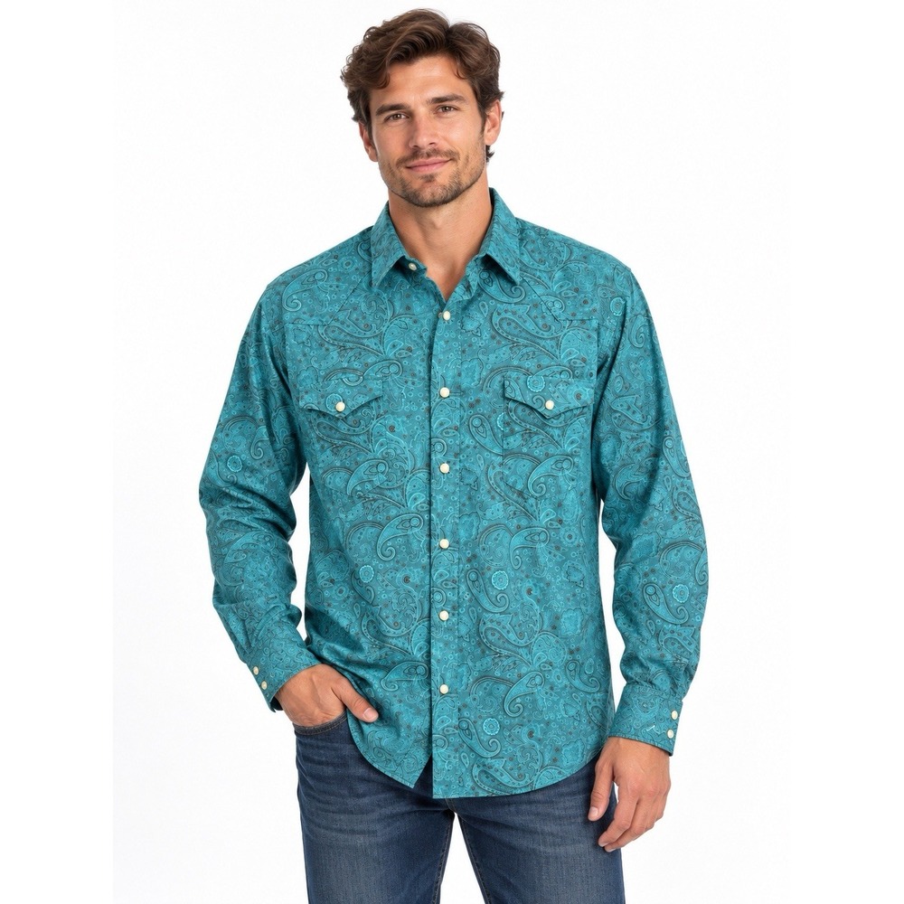Panhandle Men's XL Turquoise Paisley Pearl Snap Western Cowboy Shirt Cotton